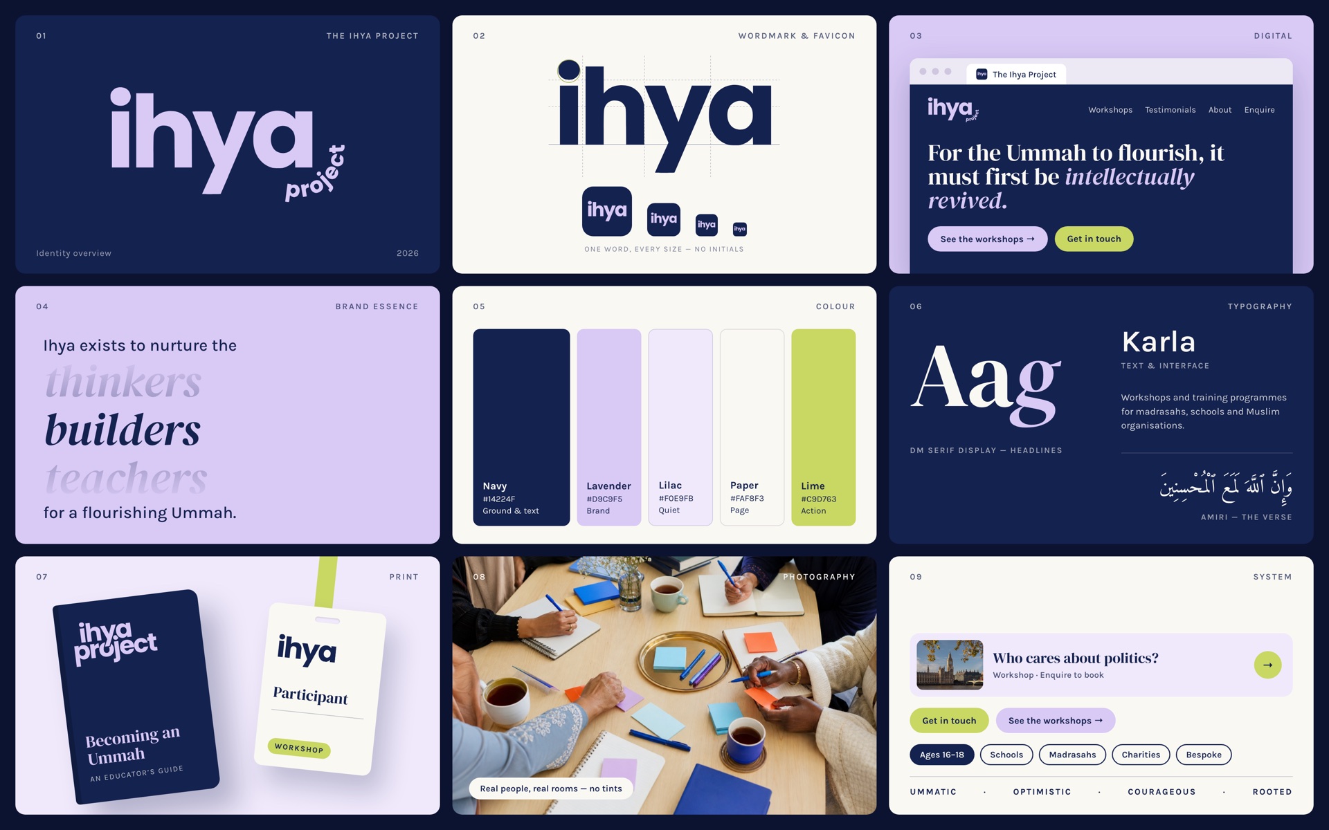 Ihya brand kit 2026: identity, wordmark and favicon, digital, brand essence, colour, typography, print, photography and system